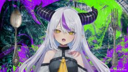 1girl 2016 breasts company_name copyright_notice demon_girl demon_horns fangs fork fushimi_sameta highres hololive horns la+_darknesss la+_darknesss_(1st_costume) long_hair looking_at_viewer multicolored_hair neckerchief official_art open_mouth pointy_ears purple_hair small_breasts solo spoon upper_body virtual_youtuber white_hair yellow_eyes yellow_neckerchief