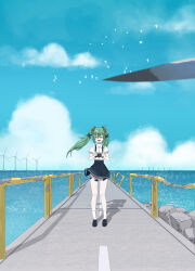 1girl absurdres alternate_costume animal bird black_shoes blue_skirt blue_sky blush closed_eyes cloud corin_wickes facing_viewer floating_hair full_body green_hair hair_ornament highres horizon legs_apart long_hair midfinger miniskirt ocean open_mouth pale_skin pleated_skirt railing scenery screw_hair_ornament seagull shirt shirt_tucked_in shoes short_sleeves skirt sky smile socks solo_focus standing straight-on twintails very_long_hair water white_shirt white_socks wind wind_turbine windmill zenless_zone_zero