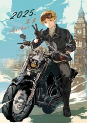 1boy absurdres axis_powers_hetalia blonde_hair blue_sky cloud cubed_(houkuaid) dated day elizabeth_tower gloves goggles goggles_on_head green_eyes highres jacket male_focus motor_vehicle motorcycle on_motorcycle open_mouth outdoors pants shirt shoes short_hair sitting sky smile solo thick_eyebrows united_kingdom_(hetalia) w