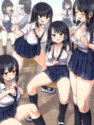 6+girls ass_peek black_hair blush breasts classroom cleavage closed_eyes collarbone desk diagonal-striped_clothes diagonal-striped_necktie dripping dripping_sweat fanning_self glasses hair_between_eyes highres hot kneehighs large_breasts long_hair looking_at_viewer loose_necktie maruput medium_hair multiple_girls necktie on_chair open_mouth original plaid_clothes plaid_skirt pleated_skirt school_desk school_uniform see-through_clothes sitting skirt smile socks steaming_body striped_clothes striped_necktie sweat sweaty_clothes thighs undone_necktie very_sweaty wet wet_clothes wiping_sweat