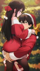 Rule 34 | 1boy, 1girl, absurdres, artist logo, black hair, blush, brown hair, chitanda eru, christmas, dress, green eyes, hat, highres, hyouka, kyoto animation, logo, long hair, mery (yangmalgage), off shoulder, open mouth, oreki houtarou, purple eyes, santa costume, santa dress, santa hat, smile