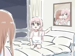 2girls anon_tokyo_(bang_dream!) bang_dream! bang_dream!_it&#039;s_mygo!!!!! bedroom blush brown_hair chihaya_anon closed_eyes commentary_request fang grey_eyes indoors long_hair lyy multiple_girls nagasaki_soyo on_bed open_mouth photo_(object) pink_hair pointing sitting sky star_(sky) starry_sky v yuri