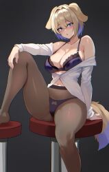 Rule 34 | 1girl, animal ears, bare shoulders, black panties, black pantyhose, blue bra, blue eyes, blue hair, blush, bra, breasts, brown hair, cleavage, commission, dog ears, dog girl, dog tail, grey background, highres, lainart, large breasts, multicolored hair, off shoulder, original, panties, pantyhose, shirt, short hair, simple background, sitting, solo, streaked hair, tail, two-tone hair, underwear, white shirt