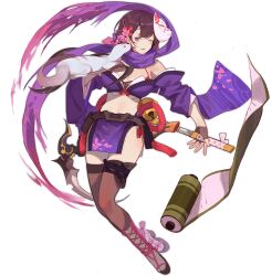 1girl animal animal_on_shoulder ark_order bare_shoulders black_gloves black_hair black_panties bra breasts brown_thighhighs detached_sleeves fingerless_gloves flower fox_mask full_body gloves hair_flower hair_ornament holding holding_sword holding_weapon kamaitachi_(ark_order) katana large_breasts licking licking_another&#039;s_face mask mask_on_head midriff mole mole_on_breast official_art okobo one_eye_closed open_mouth panties pelvic_curtain platform_sandals purple_bra purple_eyes purple_scarf purple_skirt red_cucumber sandals scarf scroll sheath short_sleeves skirt socks solo sword tachi-e thighhighs transparent_background underwear unsheathing weapon weasel wide_sleeves
