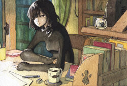 Rule 34 | 1girl, arms on table, black hair, black sweater, book, bookshelf, chair, closed mouth, cup, desk, eraser, expressionless, hair over one eye, highres, indoors, jar, long sleeves, mechanical pencil, medium hair, mug, open door, original, pencil, shelf, solo, sweater, traditional media, yuroy kawano