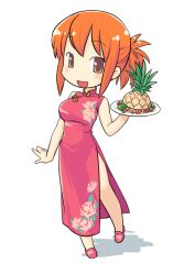 1girl :d artist_request breasts brown_eyes check_artist china_dress chinese_clothes deformed dress flats floral_print floral_print_dress floral_print_footwear food fruit full_body futaba_channel hand_up hinemosu_notari holding holding_food kudoi large_breasts mandarin_collar nijiura_maids no_nose open_mouth orange_hair pankou pineapple ponytail print_dress print_footwear red_dress red_footwear shadow shanghai_neckline short_hair short_ponytail side_slit simple_background sleeveless sleeveless_dress smile solo third-party_source white_background