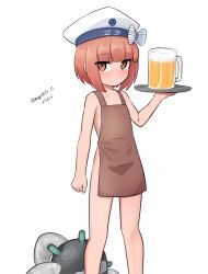 Rule 34 | 1girl, absurdres, abyssal ship, alcohol, apron, beer, beer mug, blunt bangs, brown apron, brown eyes, brown hair, cup, enemy naval mine (kancolle), feet out of frame, flat chest, hat, highres, holding, kantai collection, maru (marg0613), mug, naked apron, one-hour drawing challenge, sailor hat, short hair, simple background, solo, teeth, tentacles, white background, white hat, z3 max schultz (kancolle)
