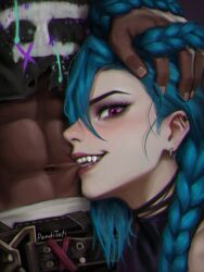 1boy 1girl abs absurdres arcane:_league_of_legends artist_name biting blue_hair blush couple dark-skinned_male dark_skin ekko_(league_of_legends) highres jinx_(league_of_legends) league_of_legends long_hair panditati purple_eyes sharp_teeth signature teeth