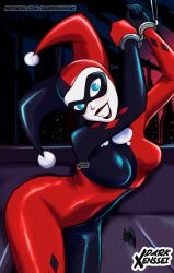 Rule 34 | absurdres, blonde hair, blue eyes, breasts, clown, clown (ragnarok online), cuffs, darkxenssei, dc comics, harley quinn, highres, medium breasts, original, smile, wide hips, wrist cuffs