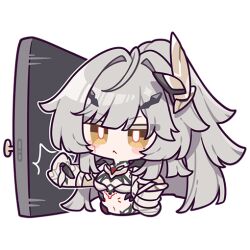 1girl :&lt; blush_stickers bright_pupils chibi colored_eyelashes door erdos_helia erdos_helia_(planar_armament:_warped_spacetime) grey_hair honkai_(series) honkai_impact_3rd long_hair midriff navel official_art solo stomach transparent_background upper_body white_pupils yellow_eyes