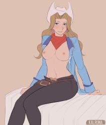 Rule 34 | 1girl, absurdres, blonde hair, blue eyes, breasts, cowboy bebop, cowboy hat, earrings, hat, highres, jewelry, judy (cowboy bebop), kalruna, open clothes, open shirt