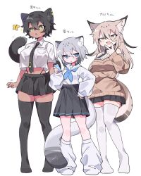 Rule 34 | 3girls, animal ear fluff, animal ears, bare shoulders, black hair, black necktie, black skirt, black thighhighs, blonde hair, blue eyes, blue neckerchief, blush, brown sweater, bug, butterfly, cat ears, cat girl, cat tail, closed mouth, collared shirt, commentary request, dark-skinned female, dark skin, full body, green eyes, grey hair, hair between eyes, hand on own hip, hand up, highres, insect, long hair, long sleeves, looking at viewer, loose socks, midriff, miniskirt, multiple girls, navel, neckerchief, necktie, no shoes, open mouth, original, pleated skirt, sailor collar, school uniform, serafuku, shirt, shoes, short hair, short sleeves, simple background, skirt, socks, standing, sweater, tail, thighhighs, translation request, uenomigi, v, white background, white sailor collar, white shirt, white shoes, white socks, white thighhighs, yellow butterfly, zettai ryouiki