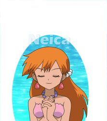 1girl animated animated_gif bare_arms bikini breasts closed_eyes earrings full_body gen_1_pokemon green_eyes hair_ornament jewelry long_hair mermaid mermaid_costume mermaid_misty_(pokemon) misty_(pokemon) monster_girl navel necklace neica nintendo orange_hair pokemon pokemon_(anime) pokemon_(classic_anime) seashell shell shell_bikini small_breasts solo swimsuit water wet