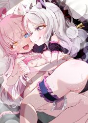 2girls :d ahoge animal_ear_fluff animal_ears black_bra black_wings blue_archive blue_eyes blush bra breasts cat_cutout cat_ears clothing_cutout comiket_105 fang frottage heart heart_in_eye heterochromia highres hina_(blue_archive) hoshino_(blue_archive) interlocked_fingers loli looking_at_another lying multiple_girls nipples open_mouth pink_bra pink_hair pussy_juice saliva saliva_trail signature skin_fang smile symbol_in_eye thigh_strap underwear uracine_(zakozako1919) white_hair wings yellow_eyes yuri