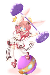 1girl animal_ears ball blue_eyes crown dress emil_chronicle_online footwear_ribbon frilled_dress frills highres minnie_doe_alma open_mouth pink_dress pink_hair pink_ribbon rabbit_ears rabbit_girl ribbon solo surprised thighhighs usanekohsacec white_thighhighs
