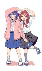 Rule 34 | 2girls, :d, :t, ^ ^, arm up, black jacket, blue sandals, blue skirt, blush, braid, brown hair, closed eyes, clothes around waist, collared shirt, commentary, dress shirt, fujii ayame, full body, futsuu no keion-bu, grey socks, hakka0320, happy, heart arms duo, holding another&#039;s arm, hood, hooded jacket, jacket, jacket around waist, long hair, long sleeves, mole, mole under eye, multiple girls, neck ribbon, open clothes, open jacket, open mouth, pink jacket, pleated skirt, purple eyes, purple hair, red ribbon, ribbon, sandals, school uniform, shirt, shirt tucked in, short sleeves, simple background, skirt, slides, smile, socks, standing, standing on one leg, symbol-only commentary, twin braids, twintails, uchida momo, white background, white shirt, white socks, wing collar, wolf cut