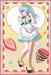 1girl apron blue_hair blue_nails blush bow candy character_name fang food fruit full_body hair_bow hana_s looking_at_viewer maid multicolored_hair necktie one_eye_closed open_mouth orange_eyes platform_shoes ponytail shiranami_ramune shoes socks solo strawberry streaked_hair twitter_username two-tone_hair virtual_youtuber vspo! w waist_apron white_hair yellow_necktie yellow_socks