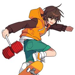 1boy brown_eyes brown_hair clenched_hand drawstring fang green_shorts gwak_jun-hyeong holding hood hood_down hoodie jacket long_sleeves official_art open_mouth orange_eyes orange_hoodie orange_jacket shirt shoes short_hair shorts simple_background skateboard smile sneakers socks solo white_socks zombie_high_school