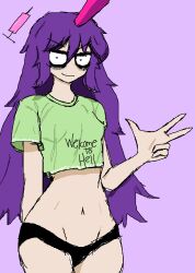 1girl black_eyes green_shirt needle purple_hair septemko shirt tagme tenkajin_chiyari touhou