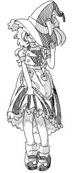 1girl ankle_socks apron blush bobby_socks bow braid cbts004 closed_mouth covering_face embarrassed frilled_apron frills frown full_body greyscale hair_bow hand_on_headwear hand_up hat hat_bow hatching_(texture) highres kirisame_marisa linear_hatching long_hair looking_at_viewer mary_janes medium_skirt monochrome one_eye_covered petticoat pocket puffy_short_sleeves puffy_sleeves shoes short_sleeves side_braid simple_background single_braid skirt skirt_hold skirt_set socks solo standing touhou turtleneck vest waist_apron white_background witch_hat