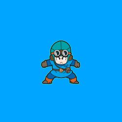 1boy aqua_hat aviator_cap belt belt_buckle blue_background blue_bodysuit blue_eyes blue_tunic bodysuit boots breast_pocket brown_boots brown_gloves buckle chankop chibi clenched_hands commentary_request dragon_quest dragon_quest_ii gloves goggles goggles_on_headwear hat highres looking_at_viewer male_focus pocket prince_of_lorasia roto&#039;s_emblem solo toriyama_akira_(style) tunic