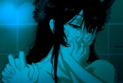Rule 34 | 1girl, 1other, absurdres, black flower, black hair, black horns, commentary, elisbian, english commentary, flower, hand on another&#039;s face, highres, holding hands, hololive, hololive english, horns, interlocked fingers, jewelry, long hair, nerissa ravencroft, ring, sweat, virtual youtuber