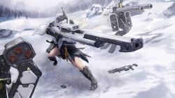 1girl absurdres aiming anti-materiel_rifle armored_boots assault_rifle bandaged_leg bandages boots cape commentary_request floating_cape full_body goddess_of_victory:_nikke gun head-mounted_display highres holding holding_gun holding_weapon magazine_(weapon) mechanical_arms missile_pod mixed-language_commentary mountainous_horizon outdoors parka pine_tree radio_antenna rifle shell_casing single_mechanical_arm sniper_rifle snow snow_white_(nikke) snowing solo tree weapon white_hair yellow_eyes yihang817