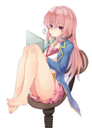10s 1girl barefoot batatata77 candy computer feet feet_together female_focus food full_body headphones highres jacket legs lollipop long_hair pink_hair purple_eyes simple_background sitting skirt solo tantei_opera_milky_holmes toes tooyama_saku white_background