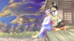 Rule 34 | 2girls, alternate color, alternate costume, alternate hairstyle, barefoot, black hair, cirno, cloud, cloudy sky, facing to the side, floral print, hand on another&#039;s shoulder, hat, highres, ice, ice wings, japanese clothes, kimono, kneeling, matsu 84, multiple girls, open mouth, pom pom (clothes), shameimaru aya, shirt, short hair, short sleeves, sitting, sky, smile, tengu, tokin hat, touhou, tree, white shirt, wings, yukata