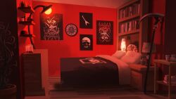 Rule 34 | a date with death, absurdres, analog clock, animal skull, bedroom, blanket, book, bookshelf, clock, cup ramen, desk lamp, drop shadow, ghost print, highres, indoors, jar, lamp, lava lamp, nightstand, no humans, non-web source, official art, plant, poster (object), potted plant, scenery, scythe, shelf, table, variant set, weapon against wall, wooden floor