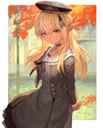 1girl arms_behind_back blonde_hair commentary_request cropped_jacket dark-skinned_female dark_elf dark_skin day dress elf female_focus grey_dress hat highres hololive lack long_hair long_sleeves looking_at_viewer orange_eyes outdoors pinstripe_dress pinstripe_pattern pointy_ears sailor_collar shiranui_flare shiranui_flare_(street) smile solo striped upper_body virtual_youtuber