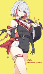 1girl absurdres awe_(adorableduckyy) bare_shoulders black_bodysuit black_gloves blue_eyes bodysuit breasts cleavage closed_mouth coin collared_shirt colored_inner_hair commentary commission covered_navel earpiece english_commentary gloves hair_ornament highres hip_vent honkai:_star_rail honkai_(series) large_breasts looking_at_viewer multicolored_hair numby_(honkai:_star_rail) one_eye_closed red_hair shirt short_hair skindentation smile solo streaked_hair thigh_strap thighs topaz_(honkai:_star_rail) trotter_(honkai:_star_rail) white_shirt yellow_background