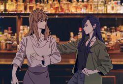 2girls absurdres bar_(place) black_shirt brown_hair coat commentary_request earrings fujino_shizuru green_coat green_eyes grey_pants grey_skirt highres indoors jewelry korean_commentary kuga_natsuki long_hair long_sleeves looking_at_another multiple_girls my-hime pants parted_lips purple_hair red_eyes shirt skirt smile stud_earrings waseuteu white_shirt