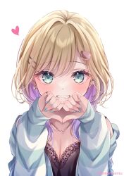 1girl artist_name bear_hair_ornament black_dress blonde_hair blue_eyes blue_jacket blue_nails blush breasts cleavage commentary_request dress earrings fangs glint grin hair_ornament hairclip heart jacket jewelry kurumi_noah long_sleeves looking_at_viewer medium_breasts multicolored_hair nail_polish nemuri_nemu off_shoulder puffy_long_sleeves puffy_sleeves purple_hair ring simple_background sleeves_past_wrists smile solo two-tone_hair upper_body virtual_youtuber vspo! vspo!_showdown white_background