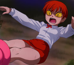 1girl 2010 angry bound cat_girl collar collared_shirt crotch_seam dirt feet_out_of_frame female_focus fingernails gegege_no_kitarou gegege_no_kitarou_5 grass haruyama_kazunori legs_together loli long_sleeves miniskirt nekomusume nekomusume_(gegege_no_kitarou) nekomusume_(gegege_no_kitarou_5) outdoors outstretched_arms panties panty_peek pointy_ears red_hair red_neckwear red_ribbon red_skirt ribbon scratches sharp_fingernails sharp_teeth shirt short_hair skirt slit_pupils solo sweatdrop teeth tongue underwear upskirt white_panties white_shirt yellow_eyes