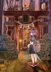 1girl apuriko_(apapnene) bag black_sailor_collar black_skirt building charm_(object) closed_umbrella commentary_request crate female_focus grey_serafuku grey_shirt hand_on_own_chest highres holding holding_umbrella horns komainu looking_at_viewer looking_back neckerchief oni oni_horns original path pleated_skirt pointy_ears power_lines purple_hair red_neckerchief red_shoes road sailor_collar school_bag school_uniform serafuku shide shirt shoes short_sleeves skirt skyscraper sleeve_cuffs solo standing statue torii twilight umbrella washtub