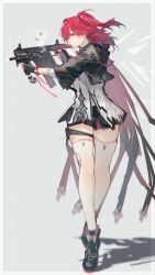1girl aiming animal_charm arknights black_gloves black_jacket black_shoes black_shorts border casing_ejection chromatic_aberration commentary cropped_jacket dress emperor_(arknights) energy_wings exusiai_(arknights) exusiai_the_new_covenant_(arknights) film_grain fingerless_gloves firing full_body gloves grey_background gun highres jacket kriss_vector looking_to_the_side medium_hair midriff_peek no_halo one_side_up openvl parted_bangs profile red_hair reflex_sight shell_casing shoes short_shorts shorts sidelocks skindentation solo submachine_gun thigh_strap thighhighs thighs three-quarter_sleeves torn_clothes torn_thighhighs trigger_discipline vertical_foregrip watermark weapon white_border white_dress white_thighhighs