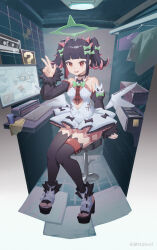 1girl absurdres bare_shoulders beef_mengxin black_choker black_hair black_thighhighs blunt_bangs boots bow breasts choker detached_sleeves dress full_body green_bow green_halo hair_bow halo highres indoors looking_at_viewer multicolored_hair open_mouth pink_hair red_eyes red_hair rokudu_sariel sitting smile solo stool streaked_hair thighhighs twintails v virtual_youtuber white_dress zenless_zone_zero