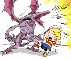 1boy bare_arms blonde_hair blue_shorts child closed_eyes commentary_request denim denim_shorts dragon emphasis_lines falling full_body holding holding_wand indoors kneehighs light_blush lucas_(mother_3) male_focus metroid mother_(series) mother_3 motion_lines multicolored_shoes nintendo open_mouth red_shirt red_shoes ridley roaring scared shadow sharp_teeth shirt shoes short_hair short_sleeves shorts sneakers socks striped_clothes striped_shirt suno_(imydream) super_smash_bros. t-shirt teeth thick_eyebrows tongue two-tone_shirt two-tone_shoes wand white_background white_socks wings yellow_shirt yellow_shoes