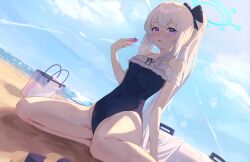 1girl beach blue_archive blue_halo blue_one-piece_swimsuit bow covered_navel dutch_angle frilled_one-piece_swimsuit frills hair_bow halo highres holding holding_phone jaihu long_hair looking_at_viewer miyako_(blue_archive) miyako_(swimsuit)_(blue_archive) off-shoulder_one-piece_swimsuit off_shoulder official_alternate_costume one-piece_swimsuit phone ponytail sitting solo swimsuit transparent_bag wariza