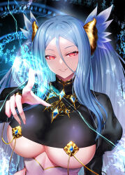 1girl black_dress blue_hair breasts brown_dust_(series) brown_dust_2 dress dtcy glowing glowing_eyes hair_between_eyes half-dress highres jewelry juliet_sleeves large_breasts lipstick long_hair long_sleeves looking_at_viewer magic magic_circle makeup morpeah_(brown_dust) open_mouth pointing pointing_at_viewer puffy_sleeves red_eyes shadow smile solo twintails upper_body very_long_hair