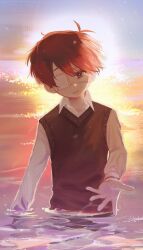 Rule 34 | 1boy, alternate hair color, alternate sleeve length, antenna hair, arm at side, backlighting, black eyes, black sweater vest, bright pupils, collared shirt, commentary, double-parted bangs, eyepatch, grin, hair behind ear, hair between eyes, head tilt, highres, light particles, long sleeves, looking at viewer, male focus, omori, omorivv, outdoors, partially submerged, raised inner eyebrows, reaching, reaching towards viewer, red hair, shirt, short hair, smile, solo, spoilers, sunny (omori), sunset, sweater vest, symbol-only commentary, upper body, very short hair, water, white pupils, white shirt