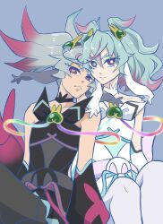 2boys animal_print aqua_hair back_bow bare_shoulders belt belt_buckle black_bow black_bowtie black_dress black_pantyhose black_sleeves blue_background bow bowtie bright_pupils brooch buckle butterfly_print choker closed_mouth collarbone colored_tips commentary_request cosplay cowboy_shot crossdressing crossdressing_(mtf) cure_puca cure_puca_(cosplay) cure_supreme detached_sleeves dress dual_persona expressionless eyelashes eyeshadow genderswap genderswap_(ftm) green_brooch green_eyeshadow grey_hair hair_extensions hair_ornament heart heart_brooch heart_hair_ornament highres jewelry kazami_(ababan-house) large_bow leaning_on_person light_frown long_sleeves looking_at_viewer makeup male_focus medium_hair messy_hair multicolored_hair multiple_boys pantyhose pink_belt pink_bow pink_eyes pink_hair precure precure_all_stars precure_all_stars_f preme_(precure) puffy_long_sleeves puffy_sleeves short_dress simple_background sitting skull spiked_hair strapless strapless_dress thick_eyebrows twintails two_side_up wavy_hair white_bow white_bowtie white_choker white_dress white_hair white_pantyhose white_pupils white_sleeves