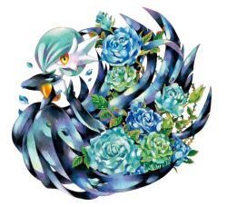 Rule 34 | alternate color, black dress, black gloves, blue flower, blue hair, blue rose, bob cut, colored skin, dress, elbow gloves, falling petals, flower, gardevoir, gen 3 pokemon, gloves, hair over one eye, izumi asuka, looking at viewer, mega gardevoir, mega pokemon, nintendo, orange eyes, petals, pokemon, pokemon (creature), rose, shiny pokemon, strapless, strapless dress, white skin