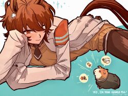 Rule 34 | 1girl, agnes tachyon (umamusume), animal, animal ears, brown hair, brown pantyhose, guinea pig, highres, horse ears, horse girl, horse tail, lab coat, necktie, orange eyes, pachix2 corgi, pantyhose, short necktie, sleeves past fingers, sleeves past wrists, solo, tail, trainer (umamusume), umamusume