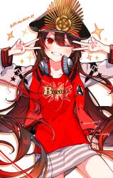 1girl black_hair buster_shirt dated double_v drop_shadow duplicate fate/grand_order fate_(series) hat headphones headphones_around_neck highres jacket long_hair military_hat oda_nobunaga_(fate) oda_nobunaga_(swimsuit_berserker)_(fate) oda_nobunaga_(swimsuit_berserker)_(first_ascension)_(fate) one_eye_closed pixel-perfect_duplicate red_eyes simple_background smile solo v white_background yui_(tamagohan)