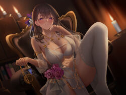 1girl blue_gemstone blush bookshelf breasts brown_hair candle chair cleavage clothing_cutout dress flower gem hair_between_eyes hair_ornament hair_ribbon highres holding holding_jewelry holding_necklace indoors jewelry knee_up large_breasts long_hair looking_at_viewer navel navel_cutout neck necklace original parted_lips pelvic_curtain purple_eyes ribbon rose sidelocks sitting solo suzuame_yatsumi thighhighs thighs white_dress white_thighhighs
