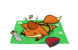 1other @_@ animal_ears belt black_belt black_eyes chibi flower fox_ears fox_tail furry gloves green_tunic hair_tuft highres limehazard lying on_ground on_stomach orange_fur orange_hair ruin_seeker shield solo sword tail tunic tunic_(game) unconscious weapon