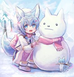 1girl animal animal_ears backpack bad_id bad_pixiv_id bag blue_eyes blue_hair boots bow braid commentary_request dog full_body fur-trimmed_skirt fur_boots fur_hat fur_trim hair_bow hat highres jacket koyomi_(shironeko_project) long_sleeves looking_at_viewer mouth_hold pine_tree rucaco scarf shironeko_project skirt snow snowman socks squatting stick tail tarou_(shironeko_project) tree twin_braids winter winter_clothes wolf_ears wolf_tail