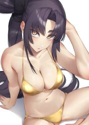 1girl alternate_costume bare_shoulders bikini black_hair blush breasts cleavage collarbone commentary fate/grand_order fate_(series) gold_bikini hair_bun highres large_breasts long_hair looking_at_viewer multicolored_eyes navel orange_eyes parted_bangs parted_lips pinta_(ayashii_bochi) purple_eyes purple_lips side_ponytail sideboob sidelocks single_side_bun sitting solo stomach swimsuit taira_no_kagekiyo_(fate) thighs ushiwakamaru_(fate) very_long_hair